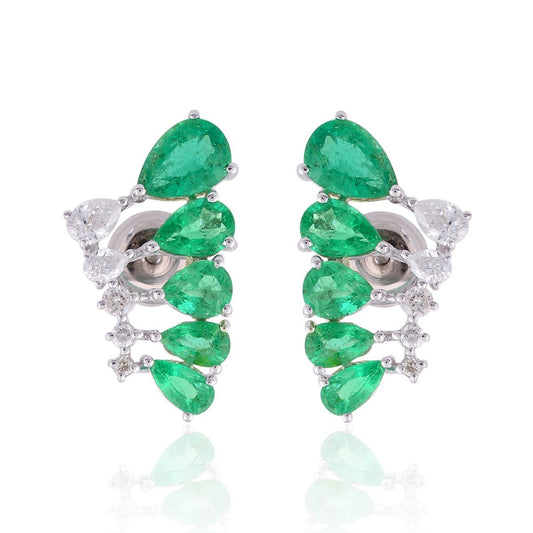 18k White Gold 3.86 TCW SI Clarity HI Color Diamond Zambian Emerald Gemstone Stud Earrings Handmade Jewelry For Women , Gift For Her