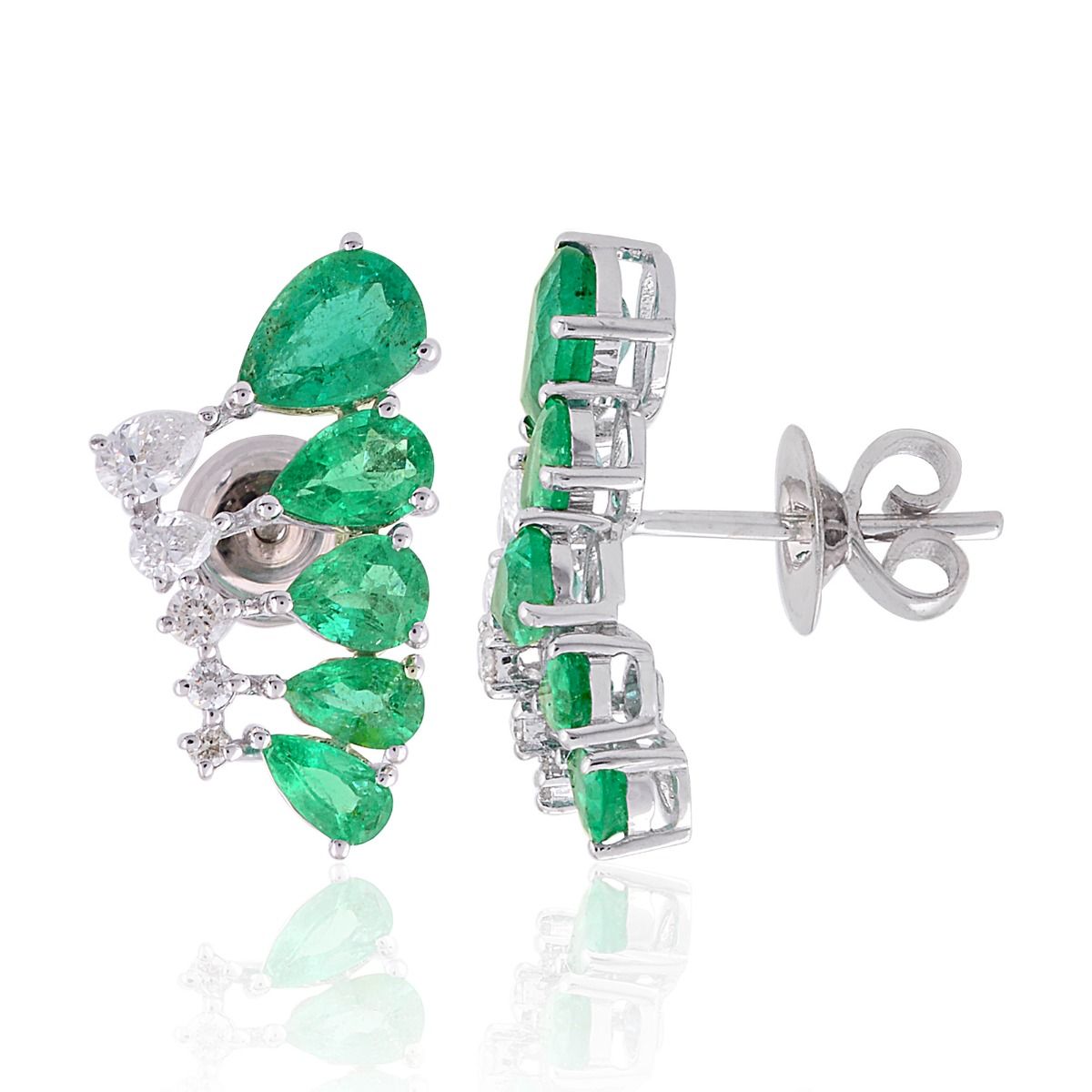 18k White Gold 3.86 TCW SI Clarity HI Color Diamond Zambian Emerald Gemstone Stud Earrings Handmade Jewelry For Women , Gift For Her