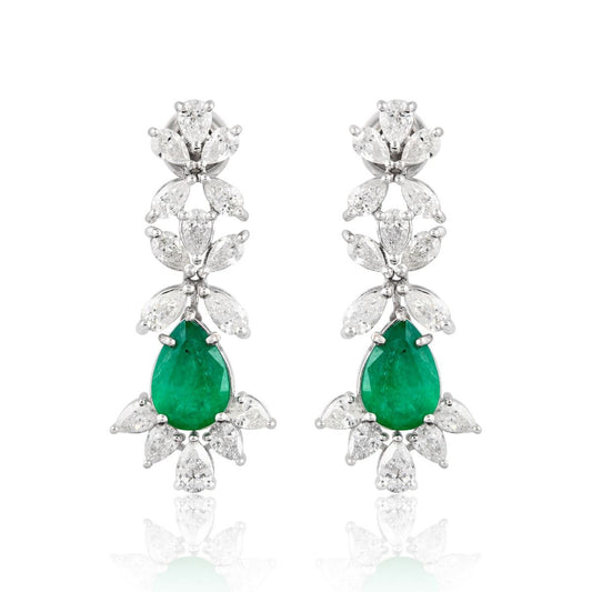 Natural 4.40 Carat HI/SI Diamond 18k White Gold Dangle Earrings Zambian Emerald Handmade Women Jewelry