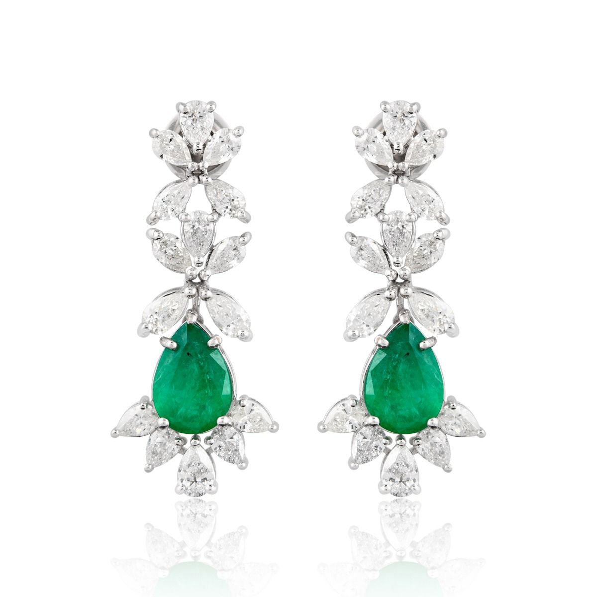 Natural 4.40 Carat HI/SI Diamond 18k White Gold Dangle Earrings Zambian Emerald Handmade Women Jewelry