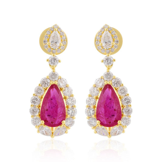 18k Yellow Gold Handmade Earrings Natural 2.24 Carat HI/SI Diamond Ruby Gemstone Women Jewelry