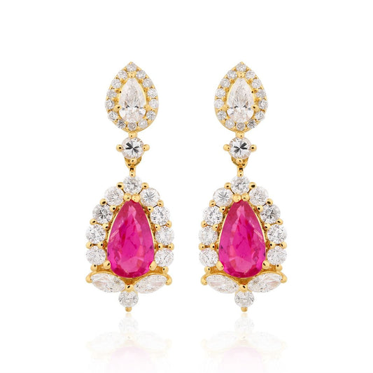 1.61 Carat HI/SI Diamond Ruby Gemstone Dangle Earrings 18k Yellow Gold Handmade Jewelry Gift For Her