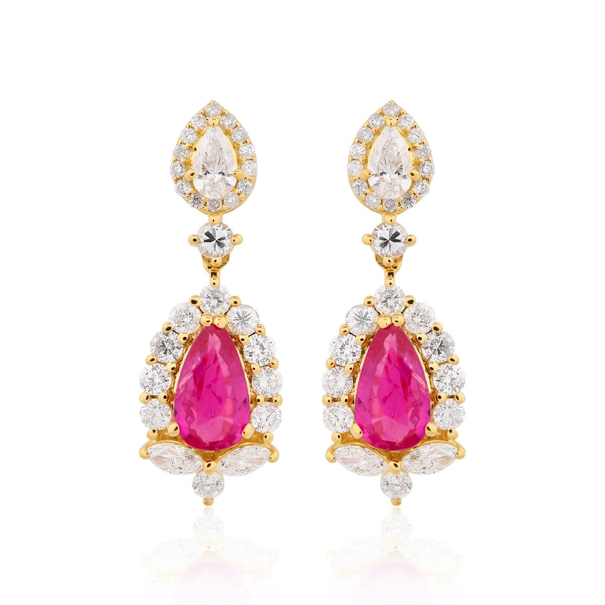 1.61 Carat HI/SI Diamond Ruby Gemstone Dangle Earrings 18k Yellow Gold Handmade Jewelry Gift For Her