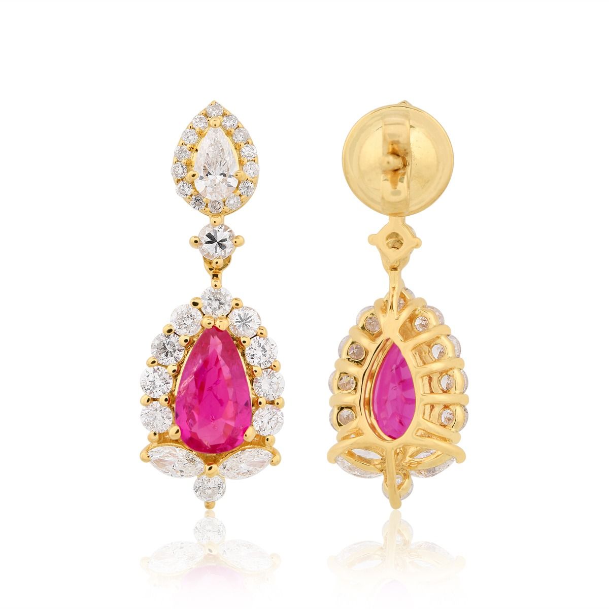 1.61 Carat HI/SI Diamond Ruby Gemstone Dangle Earrings 18k Yellow Gold Handmade Jewelry Gift For Her