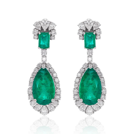 Pear Shape Zambian Emerald Gemstone Dangle Earrings 18k White Gold HI Color SI Clarity Diamond Fine Jewelry