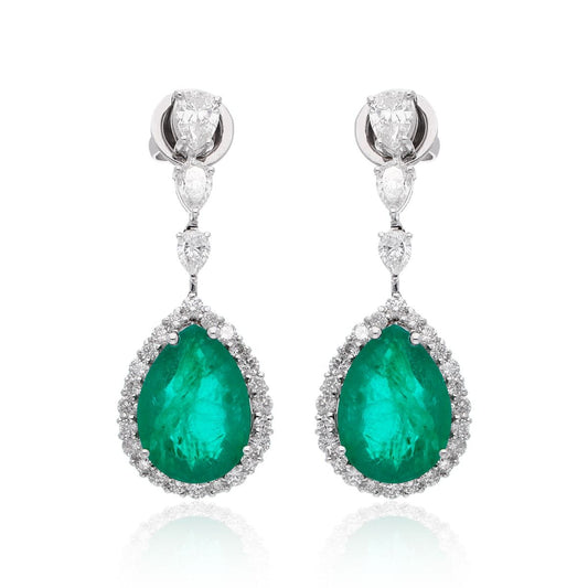 Pear Shape Zambian Emerald 2.21 Carat HI Color SI Clarity Diamond Dangle Earrings 18k White Gold Handmade Jewelry Wedding Gift For Her