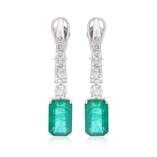 Emerald Cut Zambian Emerald Gemstone Dangle Earrings 18k White Gold Natural 3.06 Carat HI Color SI Clarity Diamond Handmade Women Jewelry