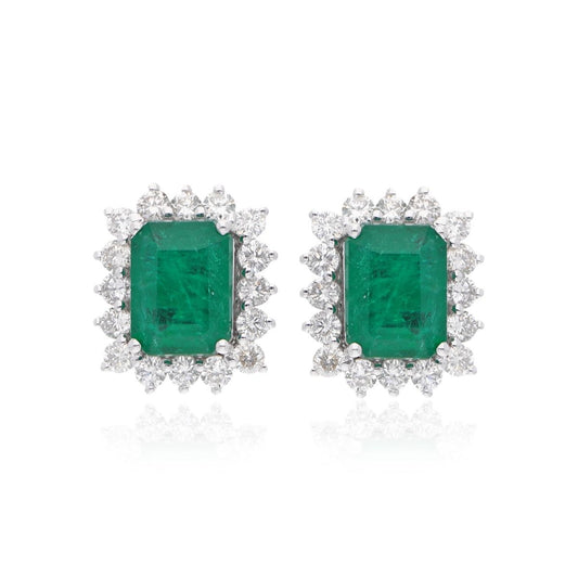 18k White Gold Handmade Stud Earrings 3.00 Carat Zambian Emerald Gemstone HI/SI Diamond Jewelry Birthday Gift