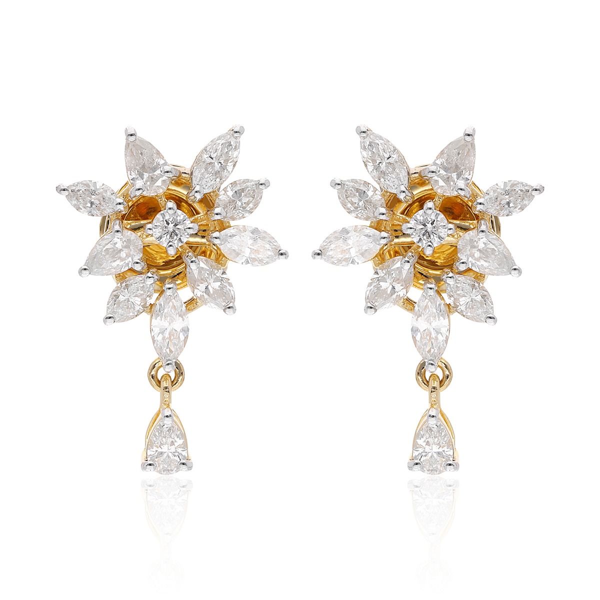 Natural 1.75 Carat HI Color SI Clarity Diamond Earrings 18k Yellow Gold Handmade Women Jewelry