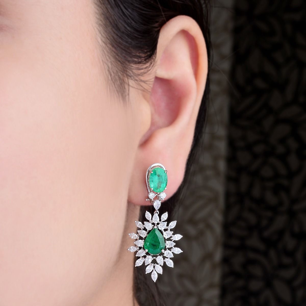 Natural Emerald Solid 18 Kt White Gold SI Clarity HI Color Diamond Fine Clip On Earrings