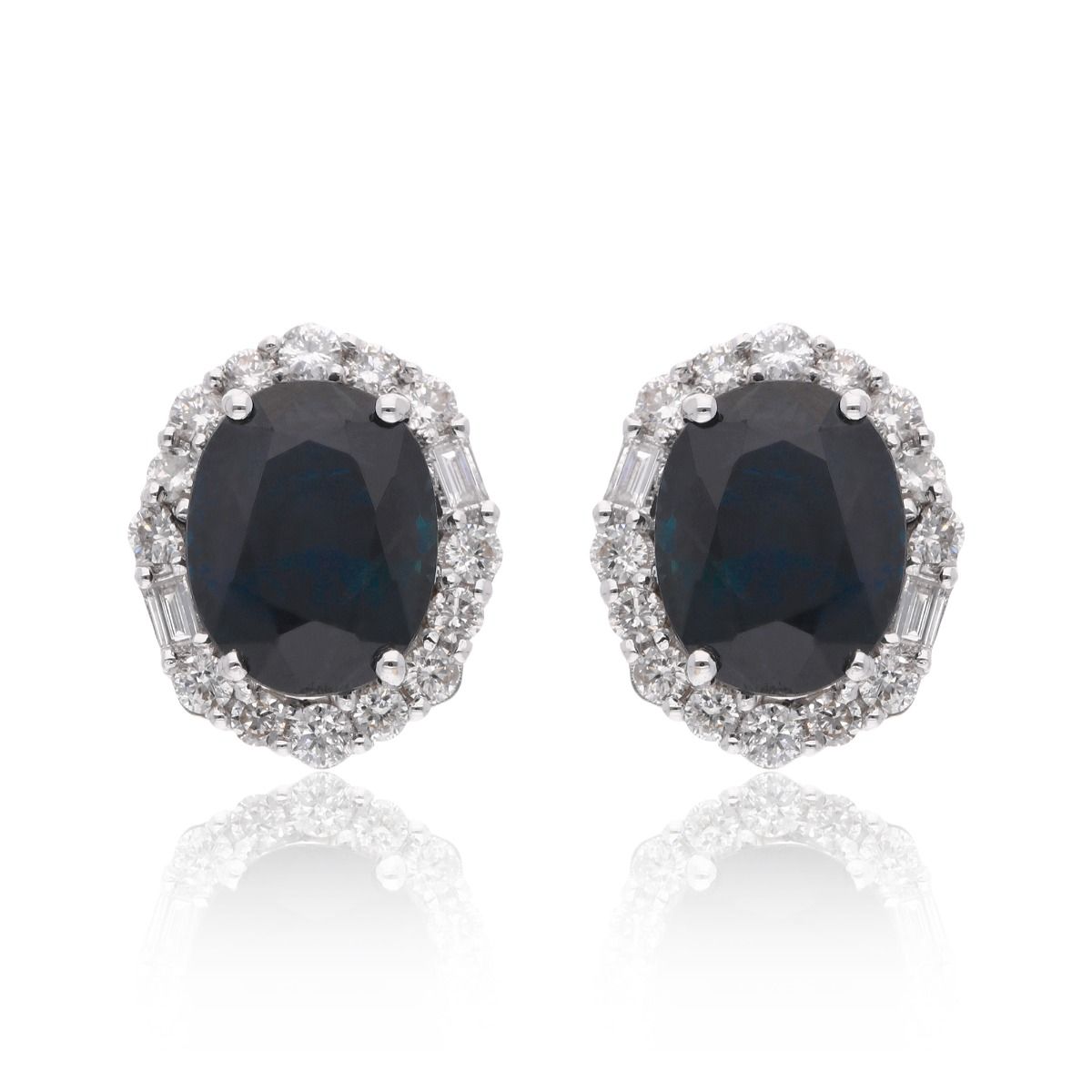 Oval Shape Blue Sapphire Gemstone & HI Color SI Clarity Diamond Stud Earrings 18k White Gold Handmade Women Fine Jewelry