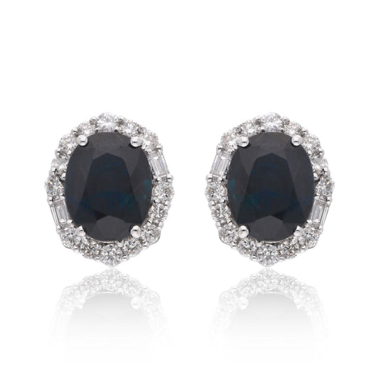 Oval Shape Blue Sapphire Gemstone & HI Color SI Clarity Diamond Stud Earrings 18k White Gold Handmade Women Fine Jewelry