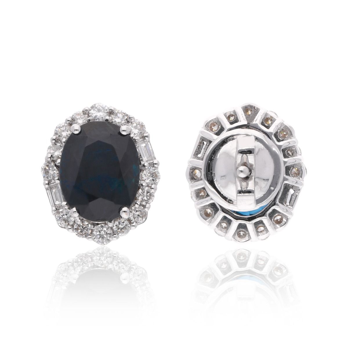 Oval Shape Blue Sapphire Gemstone & HI Color SI Clarity Diamond Stud Earrings 18k White Gold Handmade Women Fine Jewelry