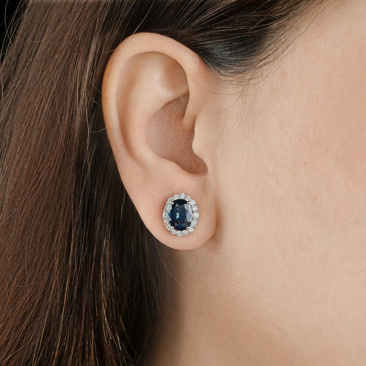 Oval Shape Blue Sapphire Gemstone & HI Color SI Clarity Diamond Stud Earrings 18k White Gold Handmade Women Fine Jewelry