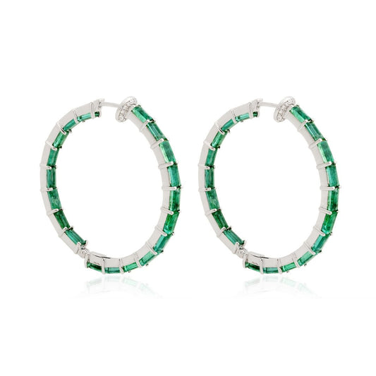 18k White Gold 7.88 TCW SI Clarity HI Color Diamond Zambian Emerald Gemstone Hoop Earrings Jewelry For Women , Pair Of Hoop Earring