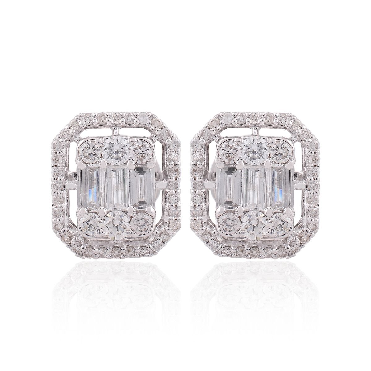 1.1 TCW Solid 18 Kt White Gold SI Clarity HI Color Baguette & Round Diamond Handmade Stud Earrings