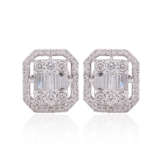 1.1 TCW Solid 18 Kt White Gold SI Clarity HI Color Baguette & Round Diamond Handmade Stud Earrings