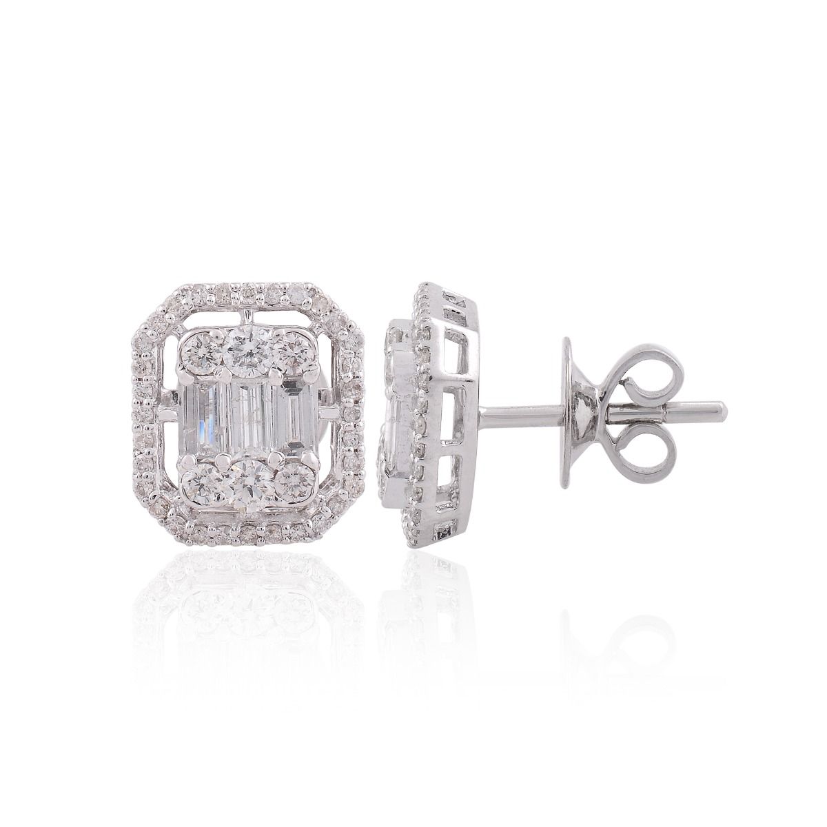 1.1 TCW Solid 18 Kt White Gold SI Clarity HI Color Baguette & Round Diamond Handmade Stud Earrings