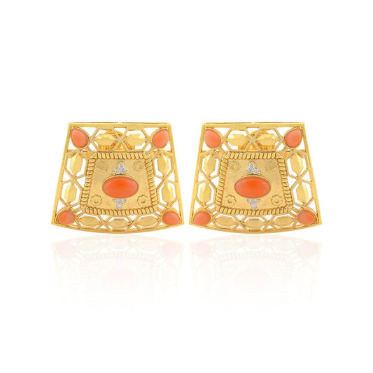 18k Yellow Gold 2.91 TCW SI Clarity HI Color Diamond & Coral Trapezoid Shaped Earrings For Women , Gift For Her , Gift For Mom