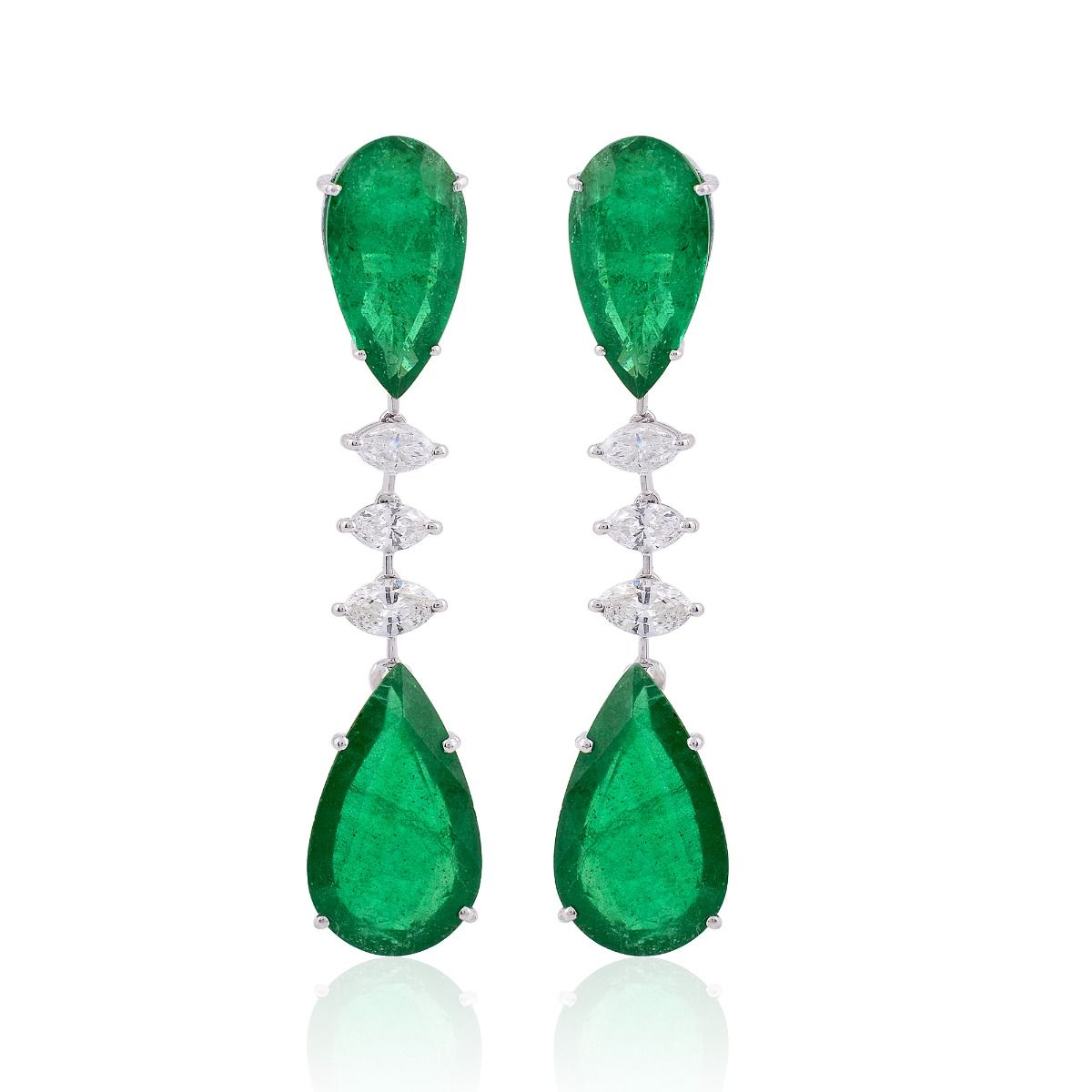 Pear Shaped Emerald Solid 18 Kt White Gold SI Clarity HI Color Diamond Fine Dangle Earrings