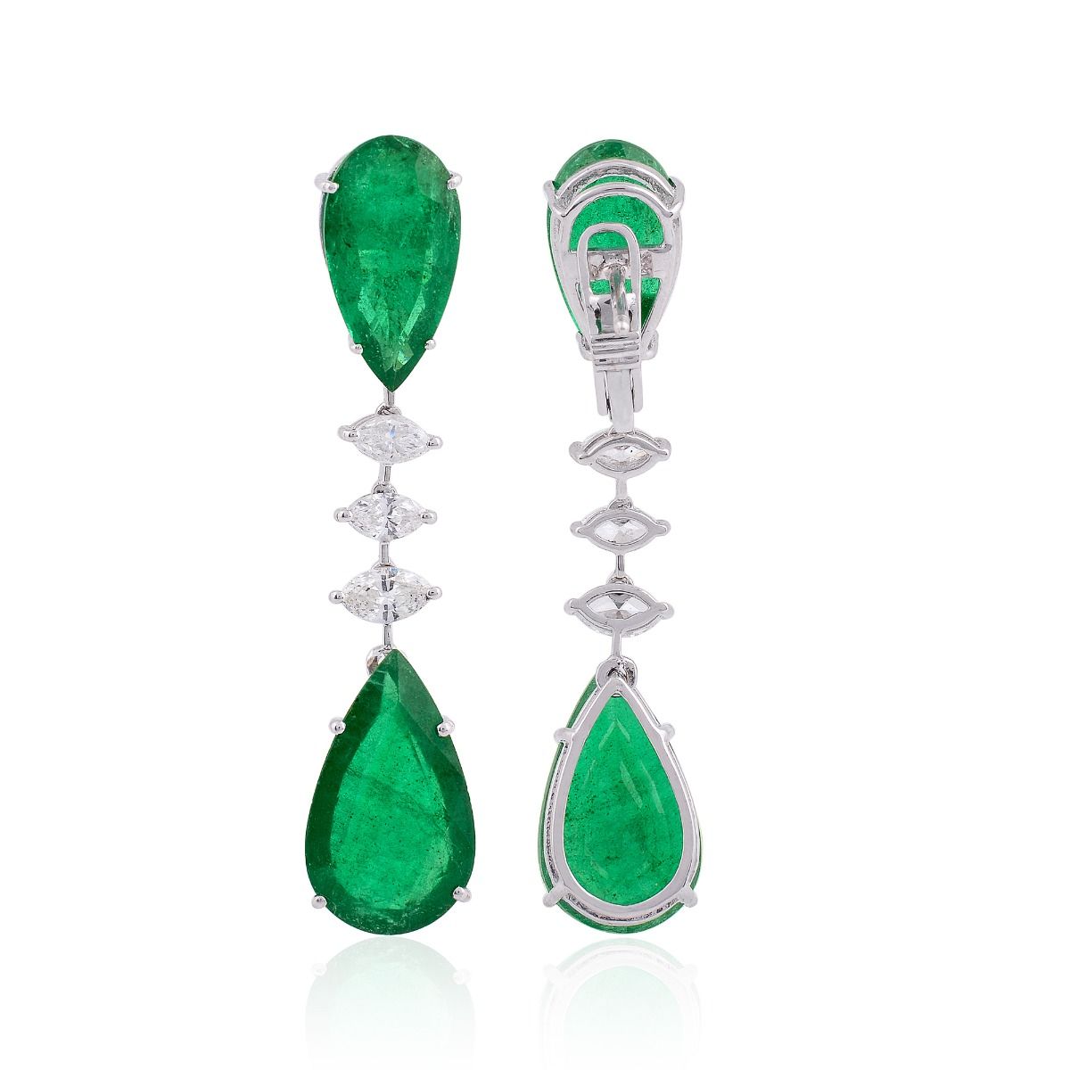 Pear Shaped Emerald Solid 18 Kt White Gold SI Clarity HI Color Diamond Fine Dangle Earrings