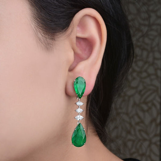 Pear Shaped Emerald Solid 18 Kt White Gold SI Clarity HI Color Diamond Fine Dangle Earrings