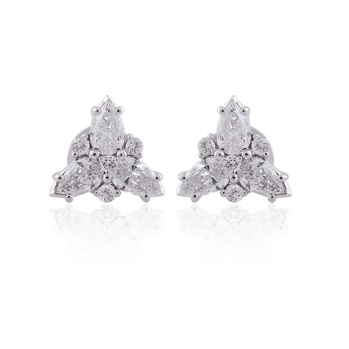 1.25 TCW Solid 18 Kt White Gold Round & Pear Shaped SI Clarity HI Color Diamond Handmade Stud Earrings