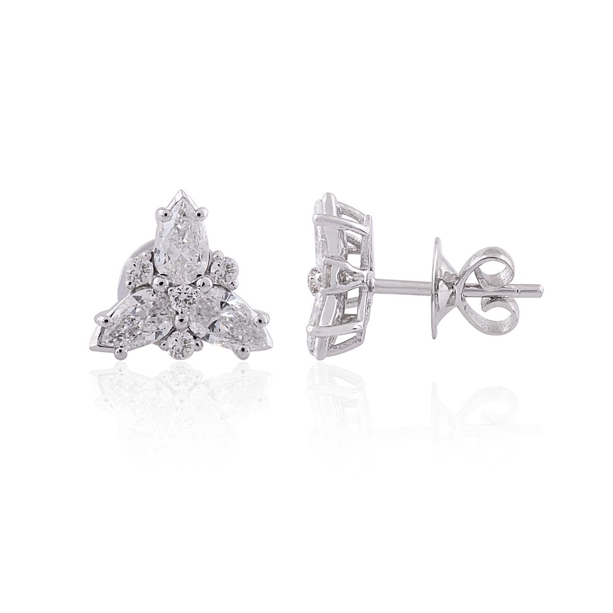 1.25 TCW Solid 18 Kt White Gold Round & Pear Shaped SI Clarity HI Color Diamond Handmade Stud Earrings