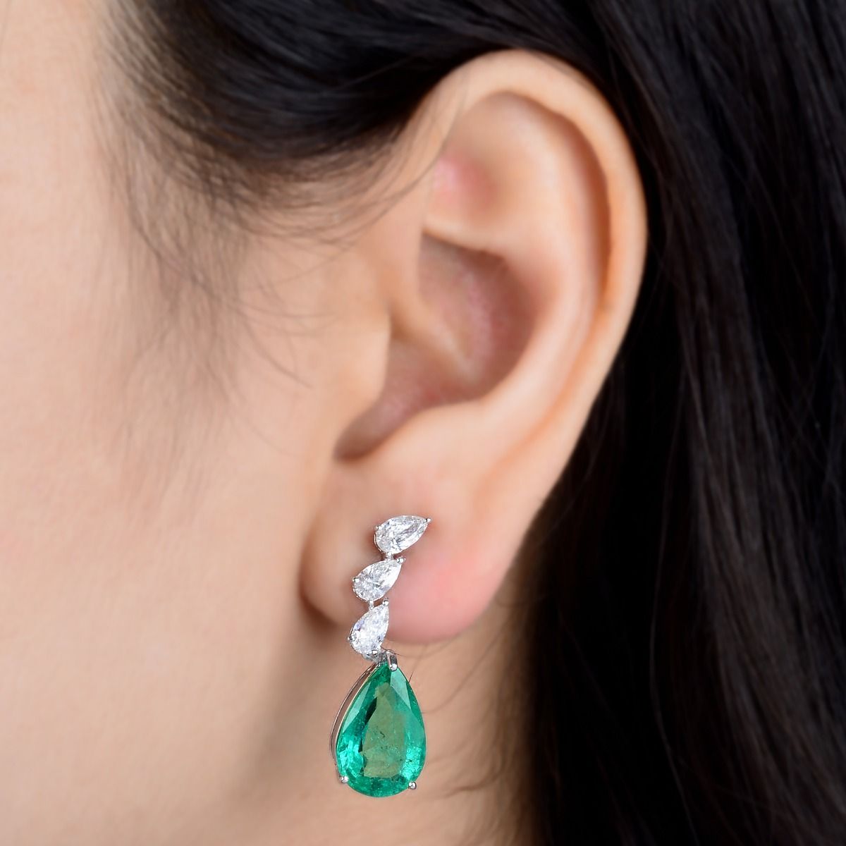 12.69 TCW SI Clarity HI Color Diamond Zambian Emerald Gemstone Tear Drop Shape Dangle Earrings In 18k White Gold Gift Fo rYour Loved Once ,Gift For Women