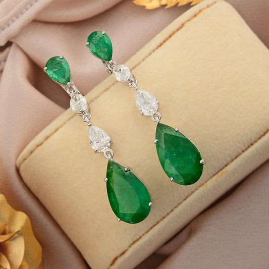 Pear Shaped Emerald Solid 18 Kt White Gold SI Clarity HI Color Diamond Fine Clip On Earrings