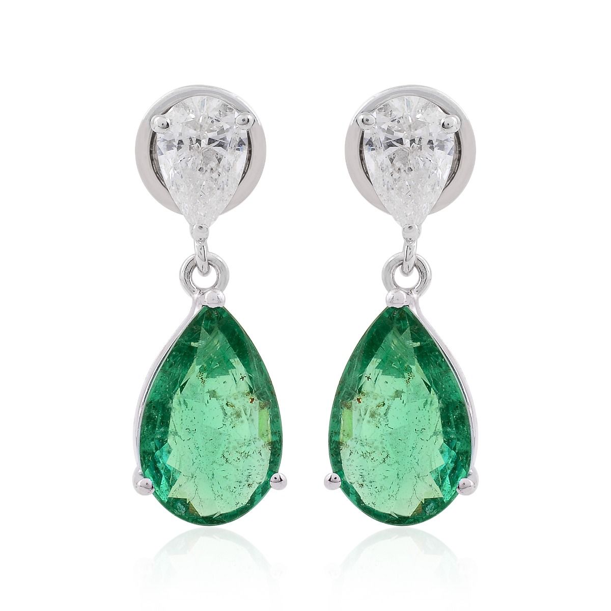 Pear Shaped Emerald Solid 18 Kt White Gold SI Clarity HI Color Diamond Fine Stud Earrings