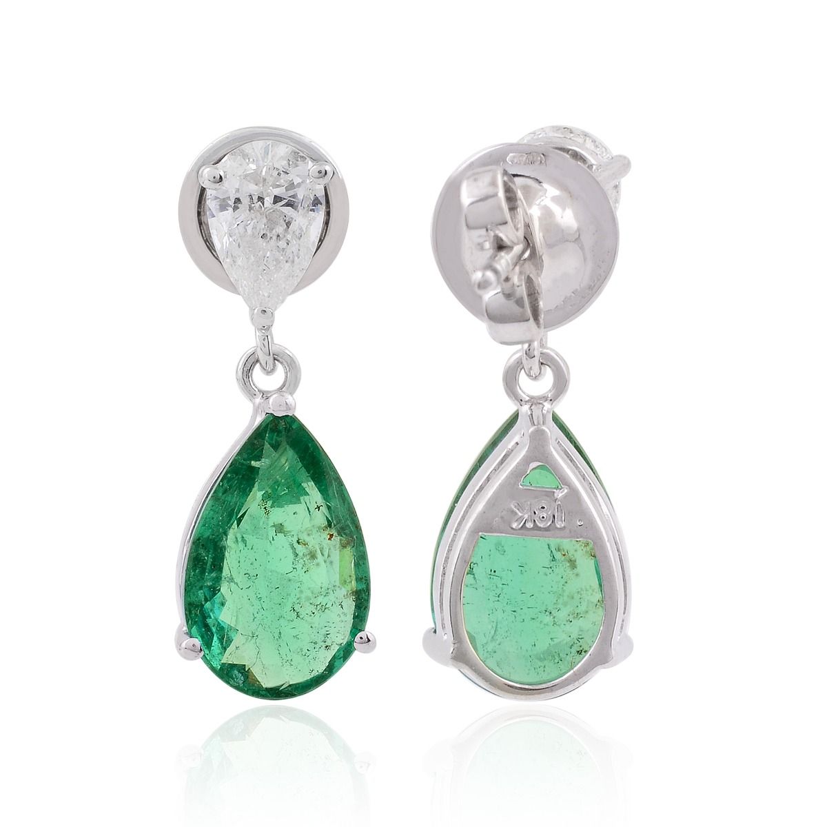 Pear Shaped Emerald Solid 18 Kt White Gold SI Clarity HI Color Diamond Fine Stud Earrings