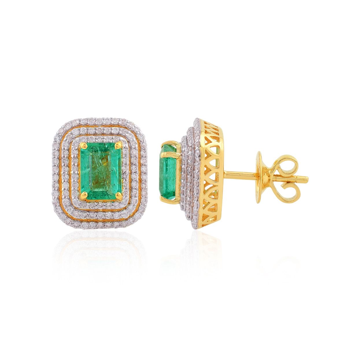 Rectangle Shaped Emerald Solid 18 Kt Yellow Gold SI Clarity HI Color Diamond Handmade Stud Earrings