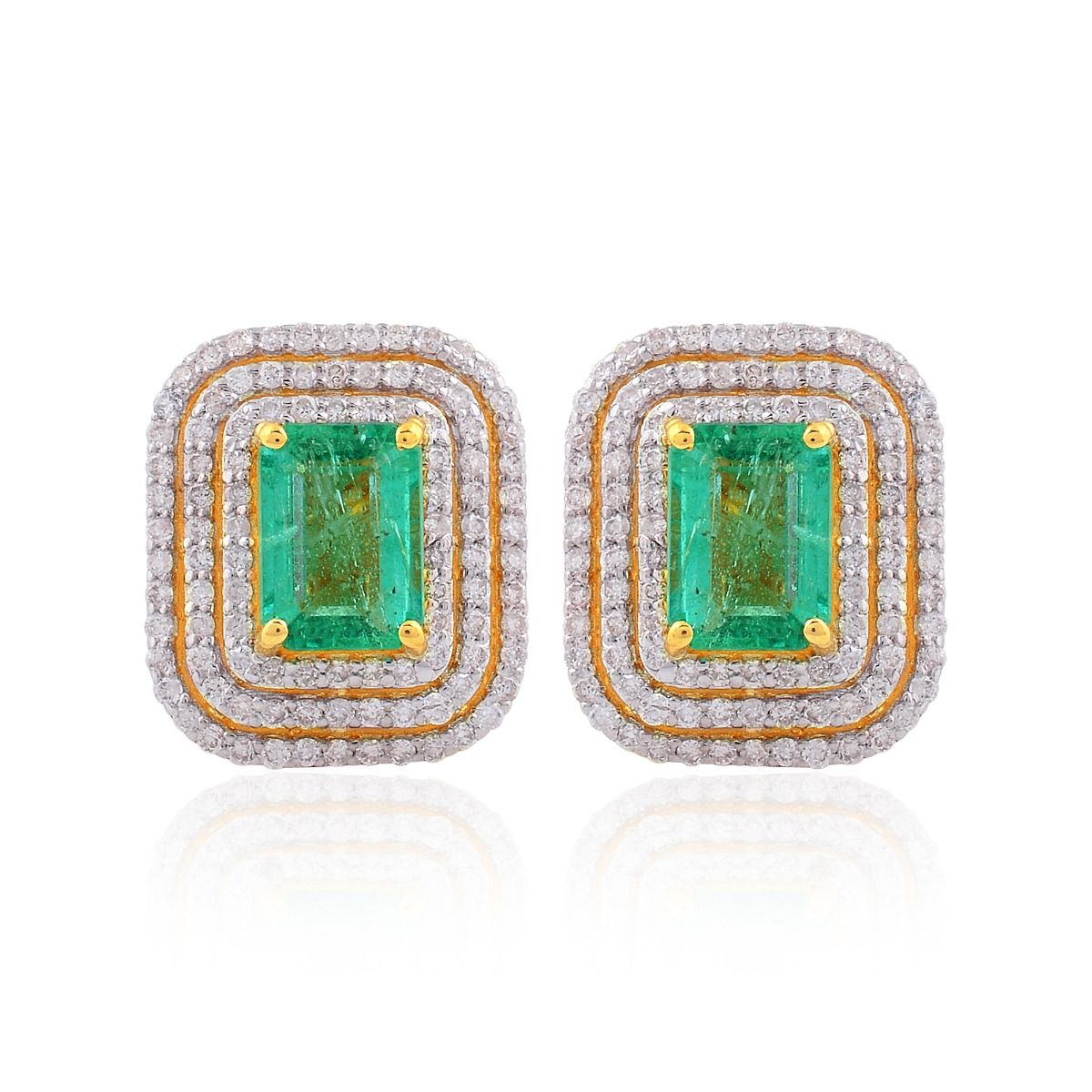 Rectangle Shaped Emerald Solid 18 Kt Yellow Gold SI Clarity HI Color Diamond Handmade Stud Earrings