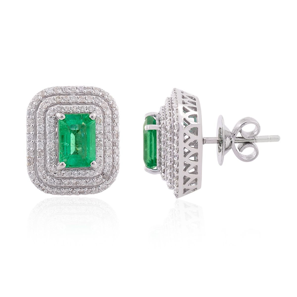 2.49 TCW SI Clarity HI Color Diamond Zambian Emerald Gemstone 18k White Gold Stud Earrings Jewelry For Women