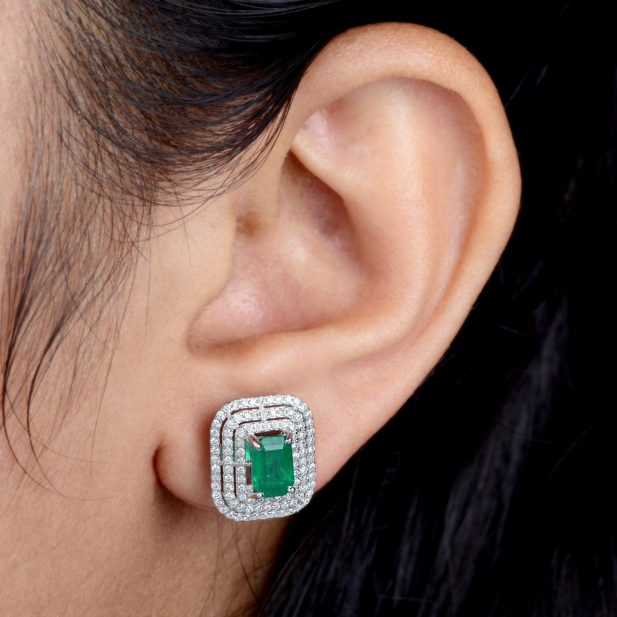 2.49 TCW SI Clarity HI Color Diamond Zambian Emerald Gemstone 18k White Gold Stud Earrings Jewelry For Women