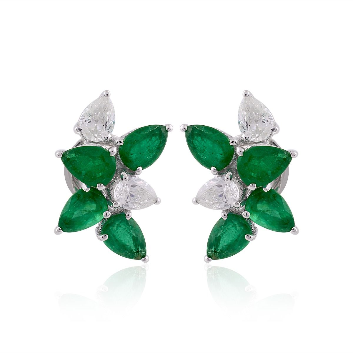 Pear Shaped Emerald Solid 18 Kt White Gold SI Clarity HI Color Diamond Handmade Stud Earrings