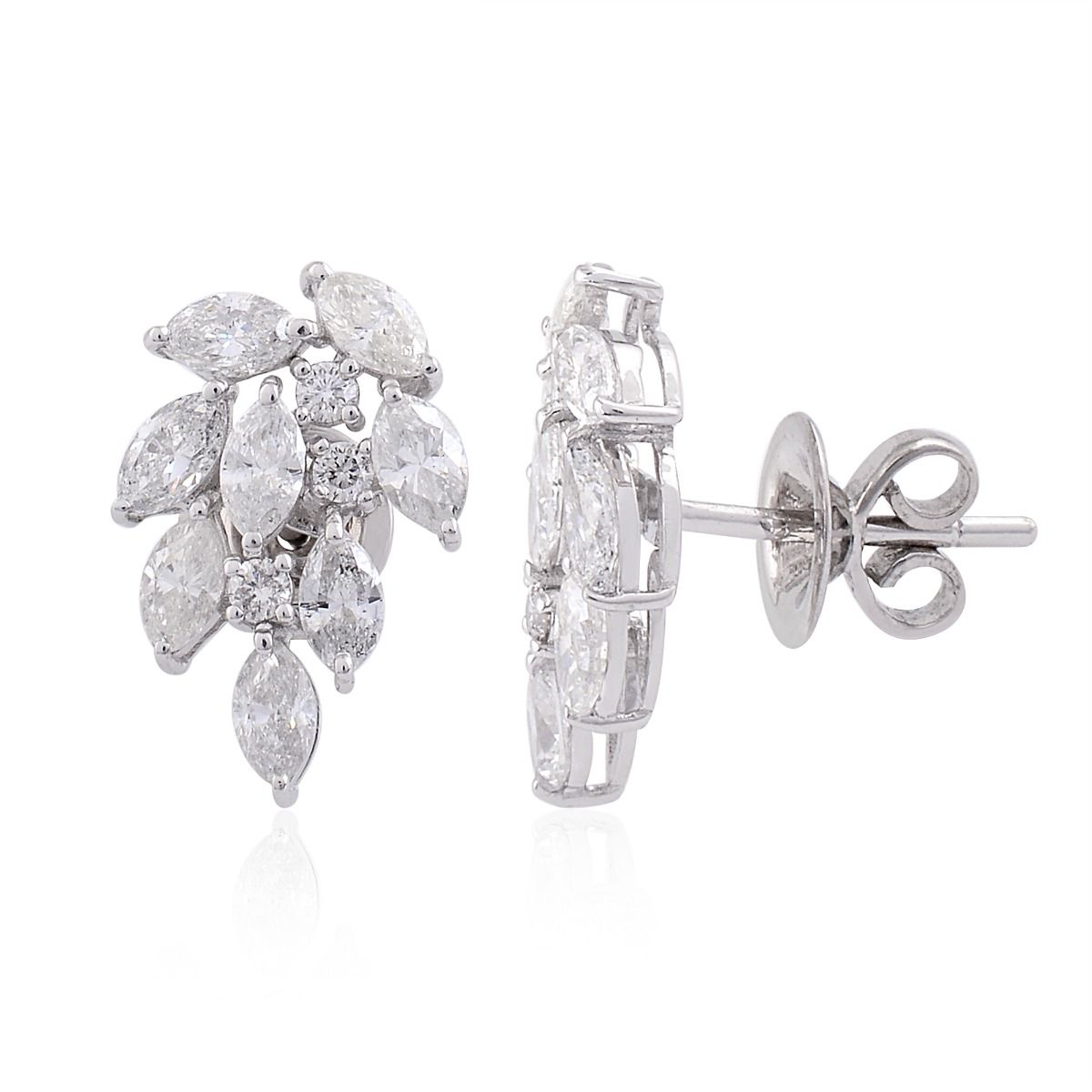 Marquise & Round SI Clarity HI Color Diamond 2.55 TCW Solid 18 Kt White Gold Handmade Earrings