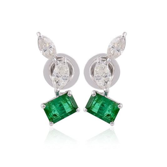 Natural Emerald Solid 18 Kt White Gold Marquise Shaped SI Clarity HI Color Diamond Handmade Stud Earrings