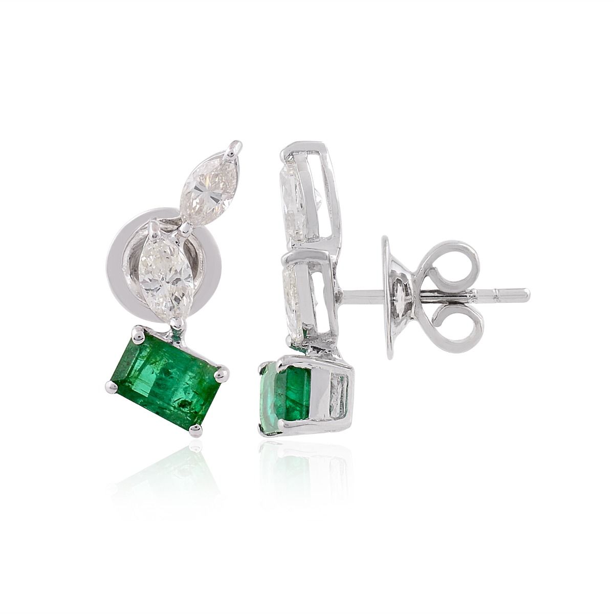 Natural Emerald Solid 18 Kt White Gold Marquise Shaped SI Clarity HI Color Diamond Handmade Stud Earrings