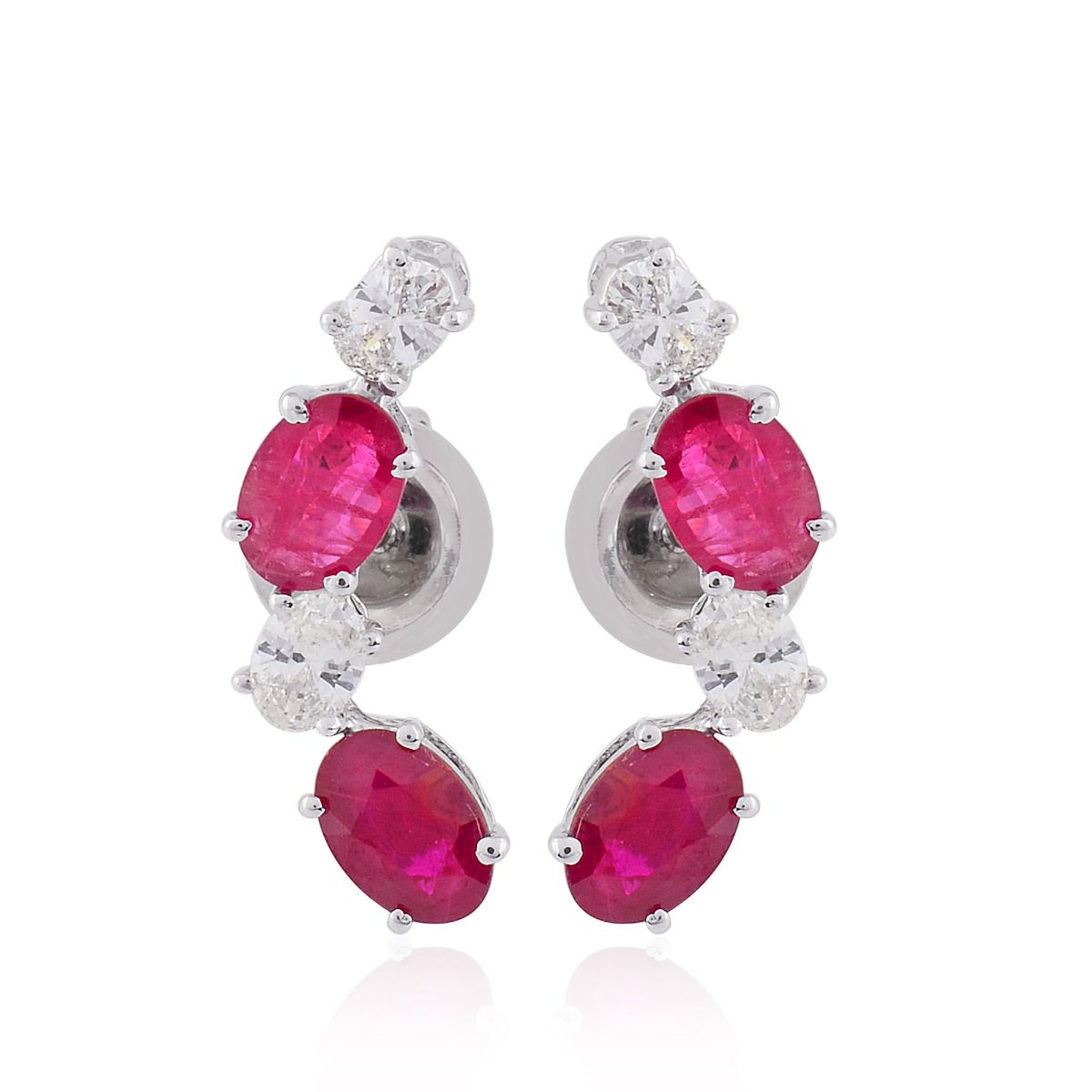 Oval Shaped Ruby Solid 18 Kt White Gold SI Clarity HI Color Diamond Handmade Earrings