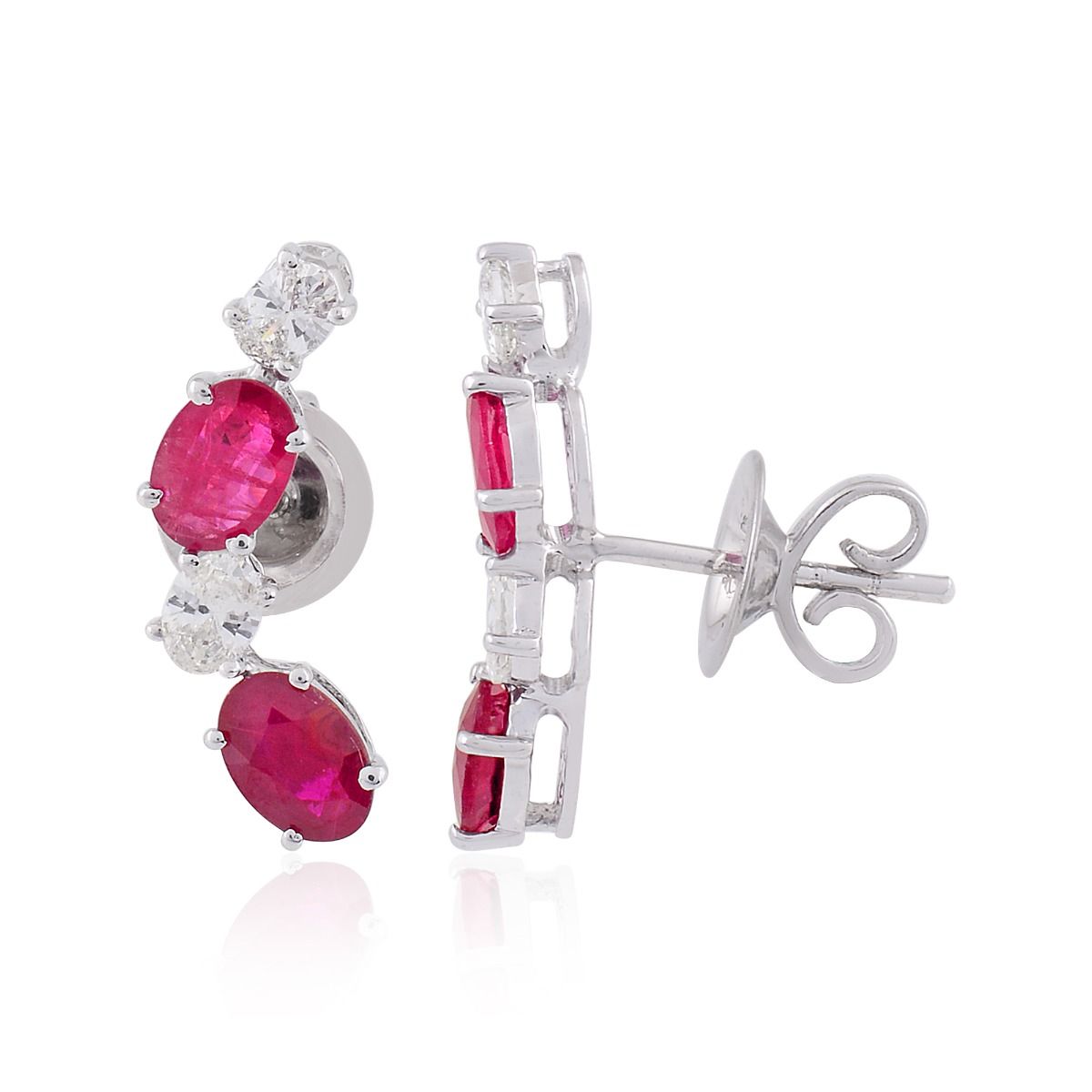 Oval Shaped Ruby Solid 18 Kt White Gold SI Clarity HI Color Diamond Handmade Earrings