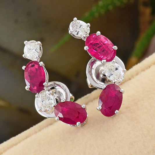 Oval Shaped Ruby Solid 18 Kt White Gold SI Clarity HI Color Diamond Handmade Earrings