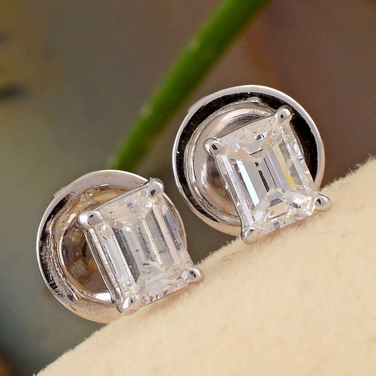 0.68 TCW Solid 18 Kt White Gold SI Clarity HI Color Emerald Cut Diamond Handmade Stud Earrings