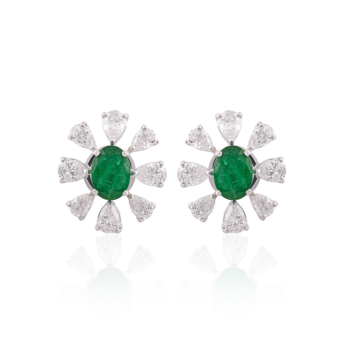 3.96 TCW SI Clarity HI Color Diamond 18k White Gold Zambian Emerald Gemstone Flower Stud Earrings |Jewelry For Women |Diamond Earrings |Anniversary Gift For Her