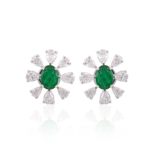 3.96 TCW SI Clarity HI Color Diamond 18k White Gold Zambian Emerald Gemstone Flower Stud Earrings |Jewelry For Women |Diamond Earrings |Anniversary Gift For Her