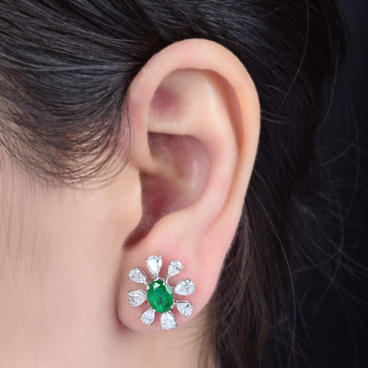 3.96 TCW SI Clarity HI Color Diamond 18k White Gold Zambian Emerald Gemstone Flower Stud Earrings |Jewelry For Women |Diamond Earrings |Anniversary Gift For Her