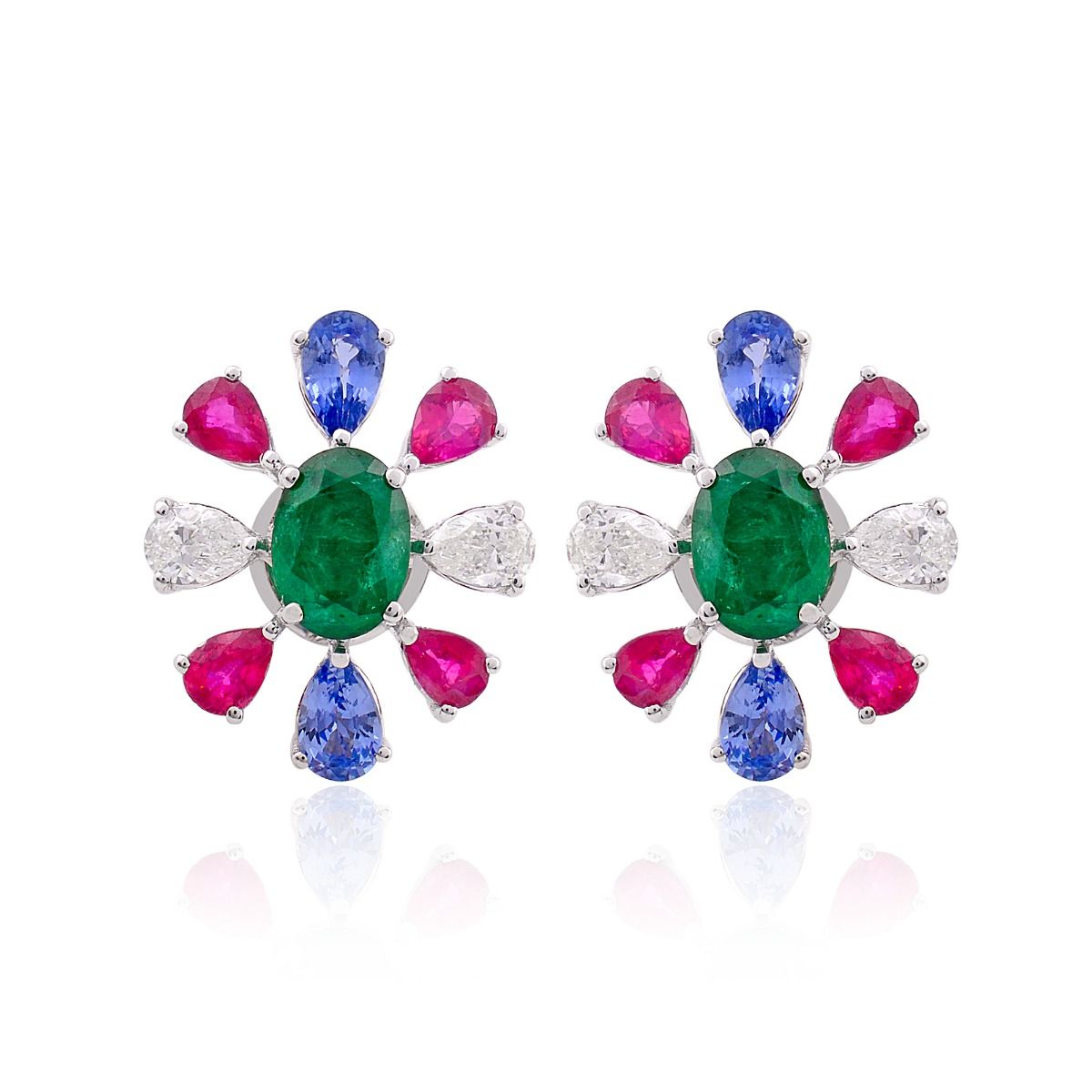 Natural Ruby, Emerald & Tanzanite Gemstone Solid 18 Kt White Gold SI Clarity HI Color Diamond Fine Stud Earrings