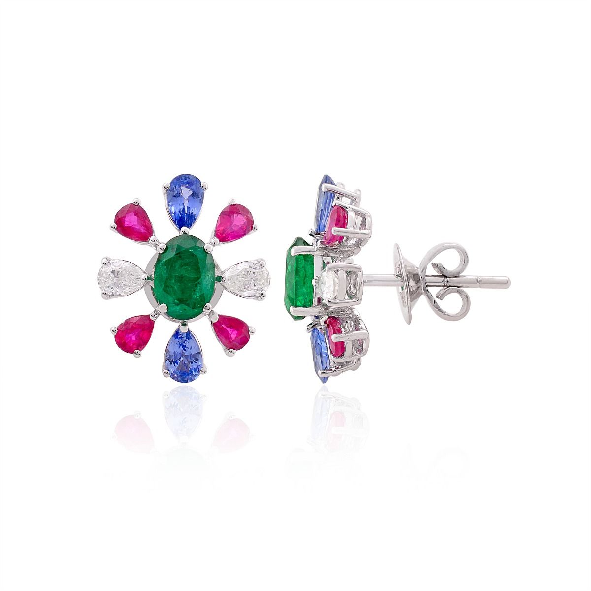 Natural Ruby, Emerald & Tanzanite Gemstone Solid 18 Kt White Gold SI Clarity HI Color Diamond Fine Stud Earrings