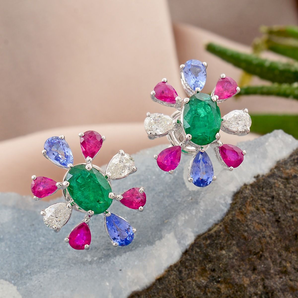 Natural Ruby, Emerald & Tanzanite Gemstone Solid 18 Kt White Gold SI Clarity HI Color Diamond Fine Stud Earrings